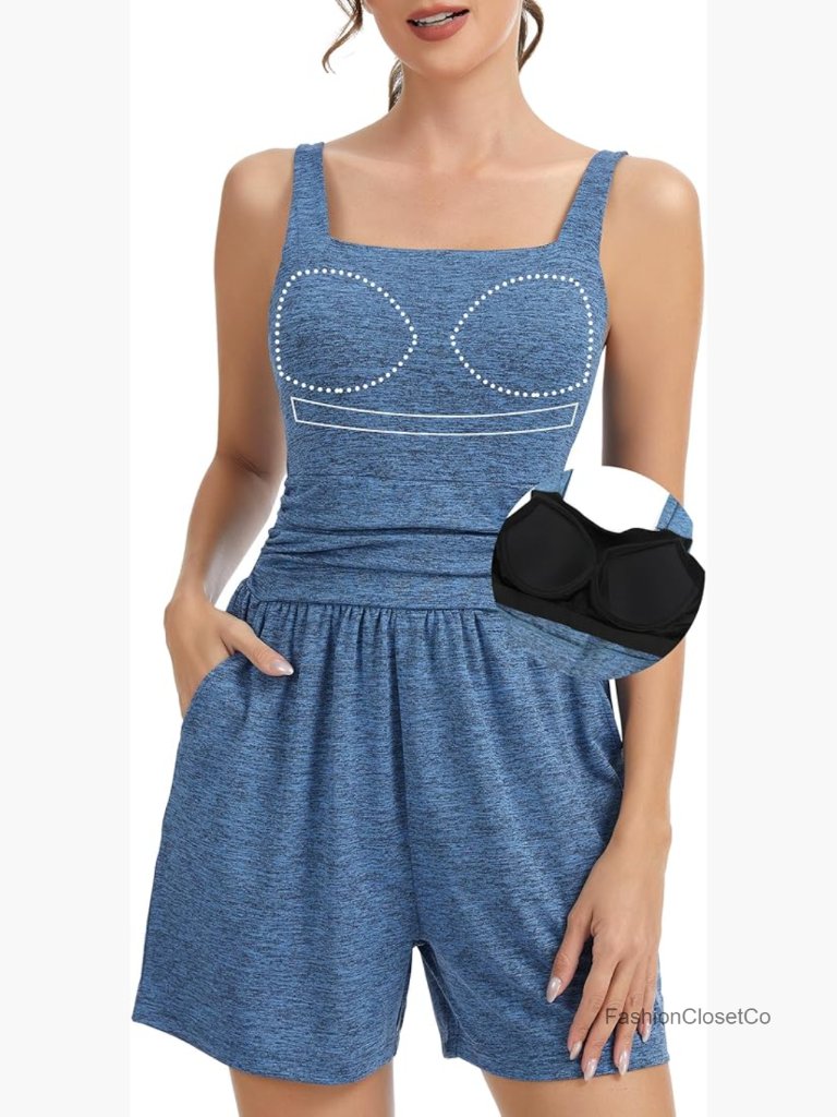 Built In Bra Athletic Romper Square Neck Adjustable Strap Pleat Waist Pockets